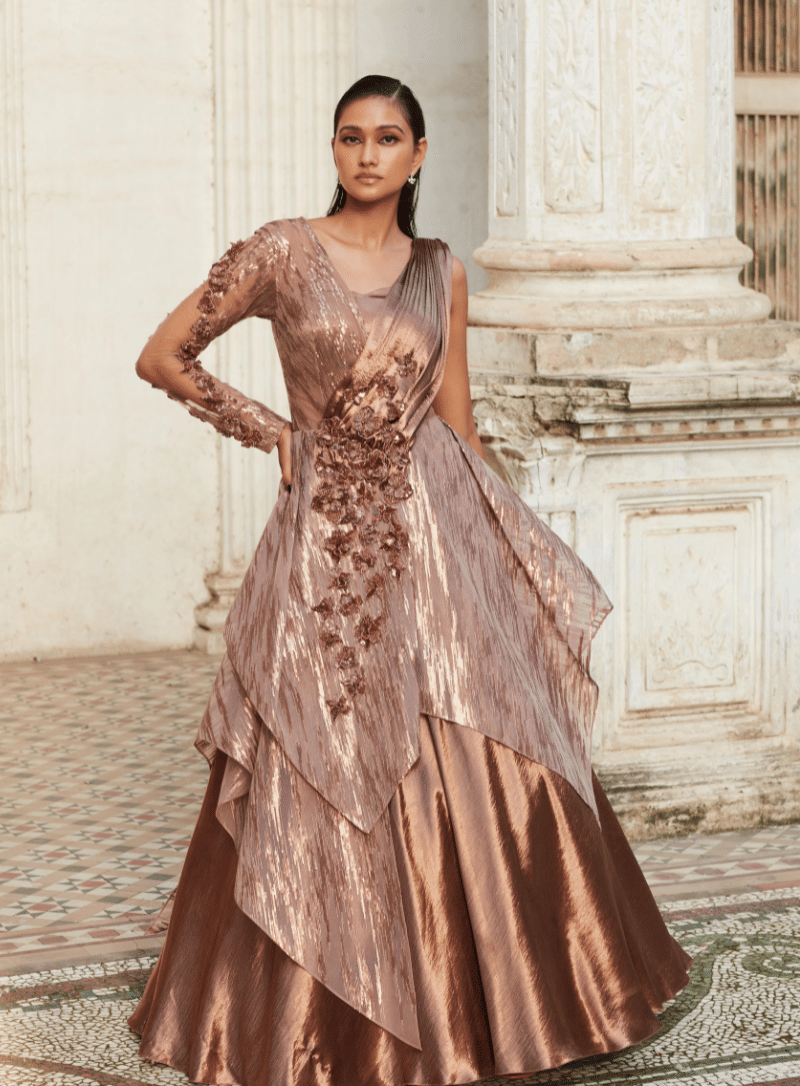 Printed Crepe Sleeveless Gown w/Full Sleeves Jacket – Bawri Collection